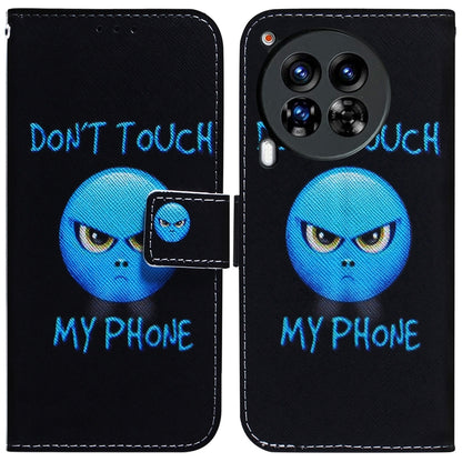 Black flip leather phone case with blue cartoon face and text, camera cutout