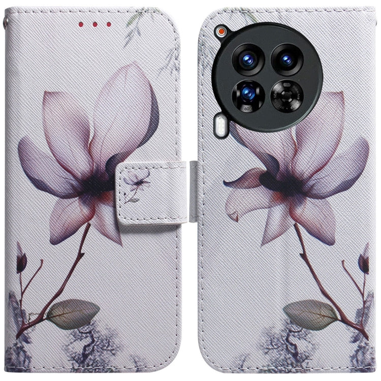 Light gray flip leather phone case with pink flower print and camera cutout