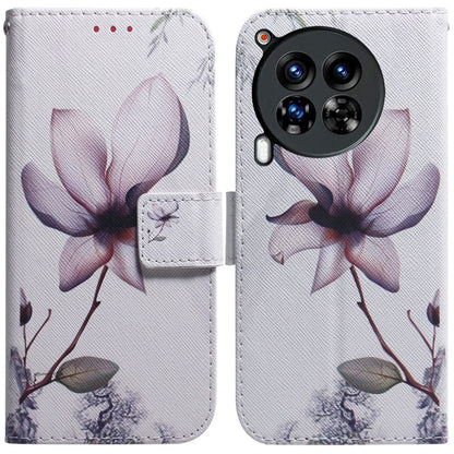 Light gray flip leather phone case with pink flower print and camera cutout