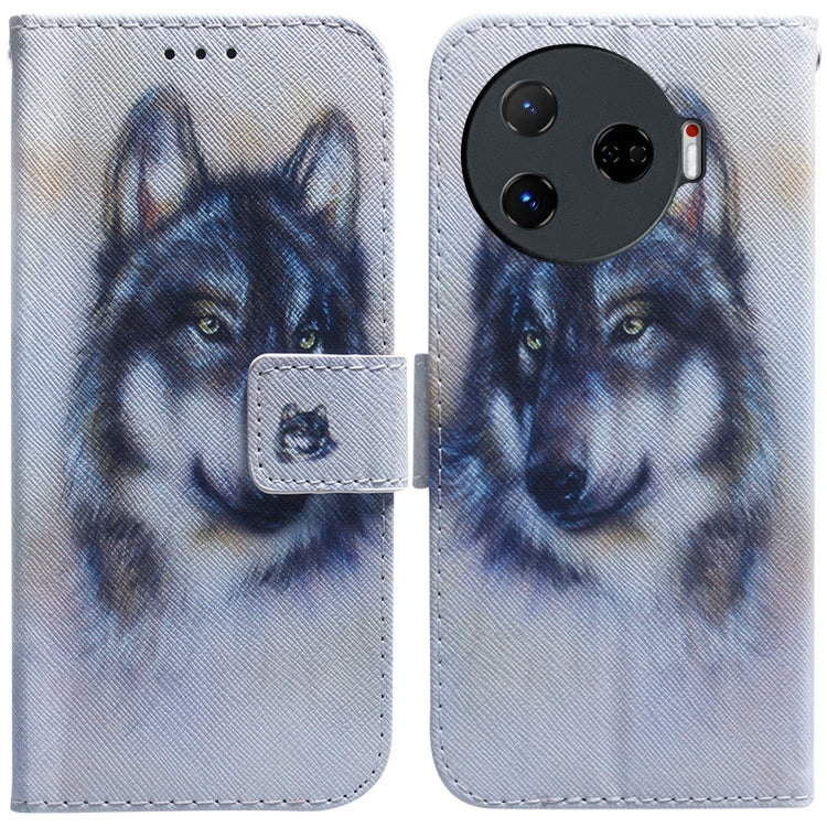 Light gray folding leather phone case with printed wolf face and stitched flip cover