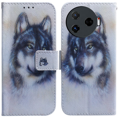 Light gray folding leather phone case with printed wolf face and stitched flip cover