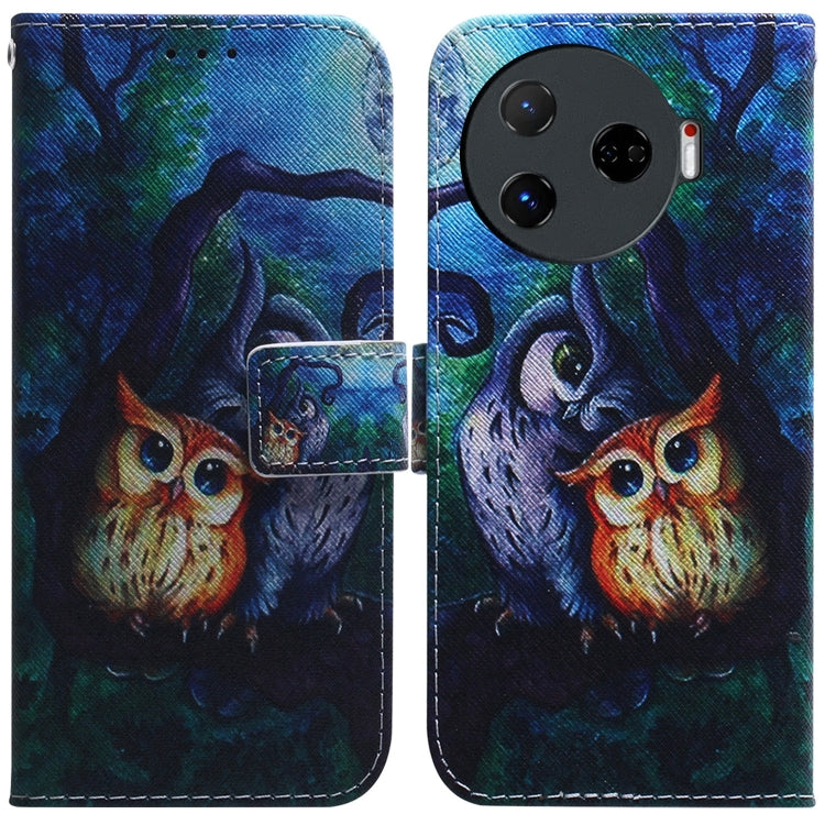 Blue folding leather phone case with printed owl and night forest artwork on flip cover