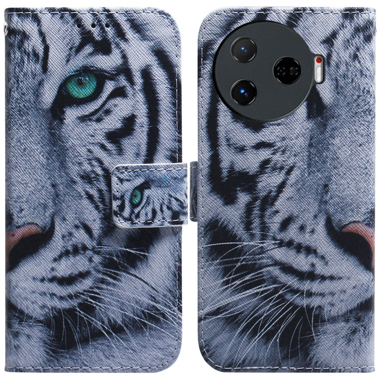 Light gray folding leather phone case with printed tiger face and stitched flip cover