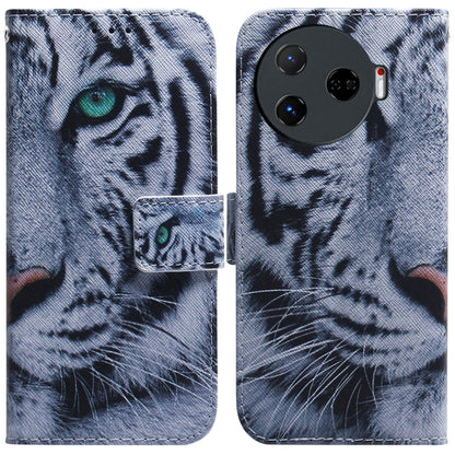 Light gray folding leather phone case with printed tiger face and stitched flip cover
