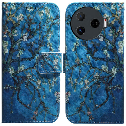 Blue folding leather phone case with branch and floral pattern and stitched flip cover