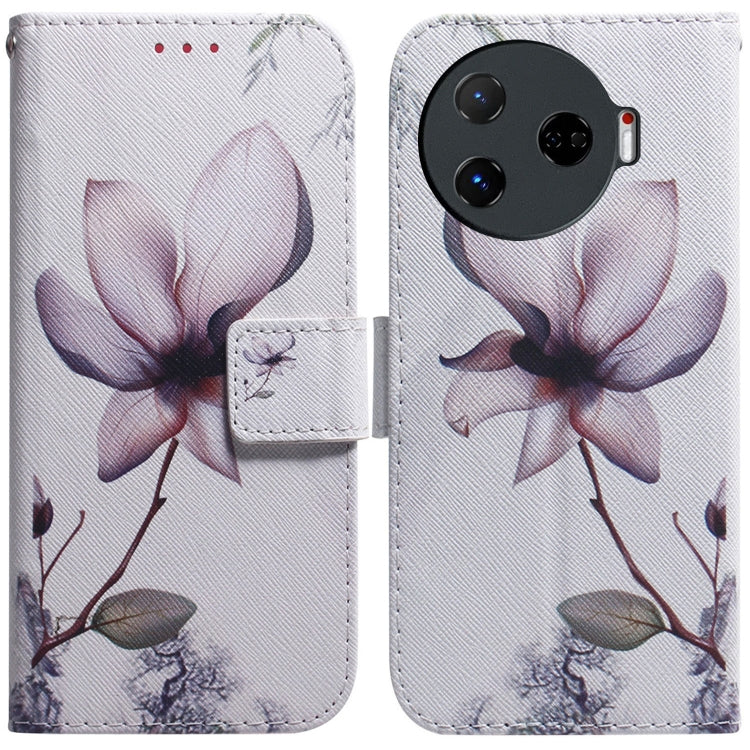 White flip leather phone case with pink magnolia flower illustration and magnetic strap