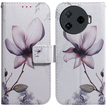 White flip leather phone case with pink magnolia flower illustration and magnetic strap