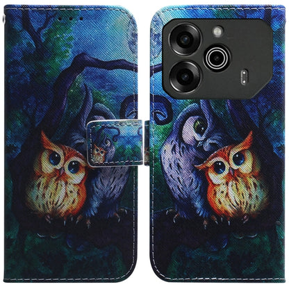Blue flip leather phone case with owl and night forest illustration and card window