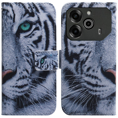 Gray flip leather phone case with detailed tiger face and side card holder