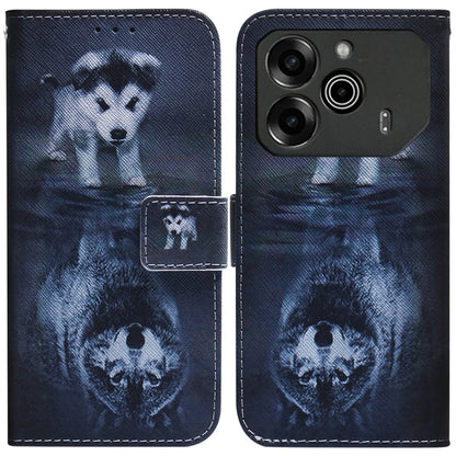 Blue folding leather phone case with printed dog face graphic and stitched flip cover
