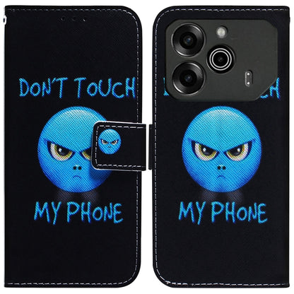 Black folding leather phone case with blue cat graphic, text, and stitched flip cover