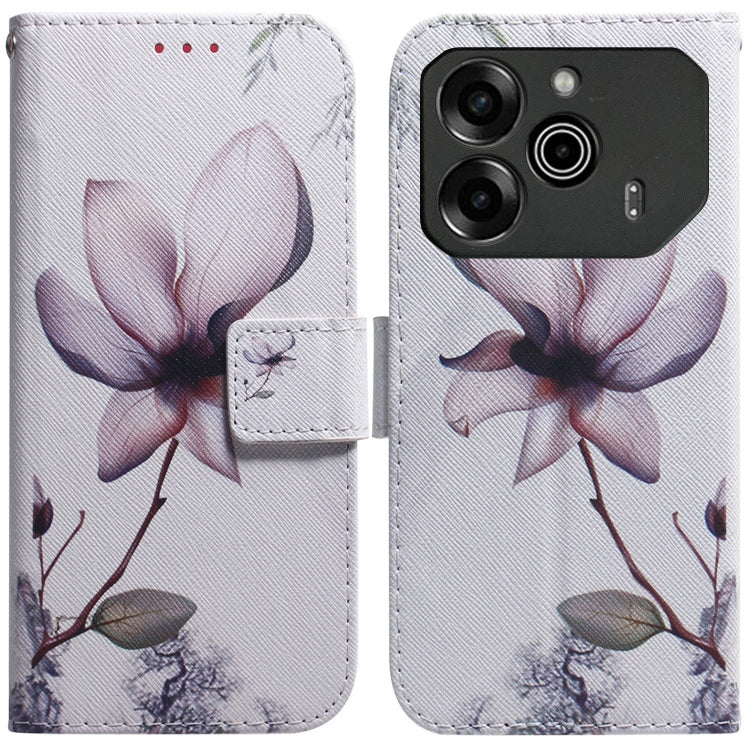 White folding leather phone case with printed magnolia flower artwork and stitched flip cover