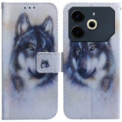 Light blue flip leather phone case with printed wolf face and camera cutout