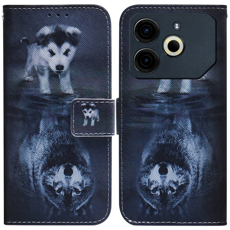 Dark blue flip leather phone case with a wolf dog illustration and card holder