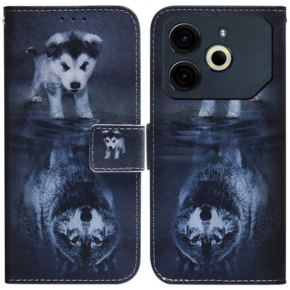 Dark blue flip leather phone case with a wolf dog illustration and card holder