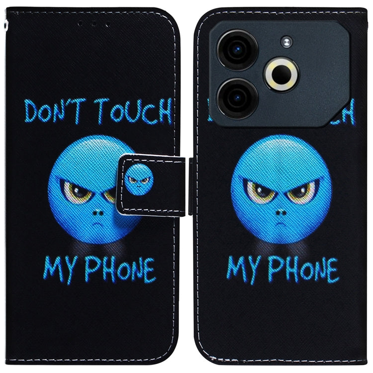 Black flip leather phone case with blue cartoon face and text "DON'T TOUCH MY PHONE"