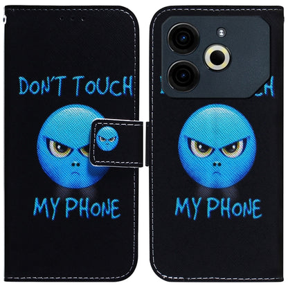 Black flip leather phone case with blue cartoon face and text "DON'T TOUCH MY PHONE"
