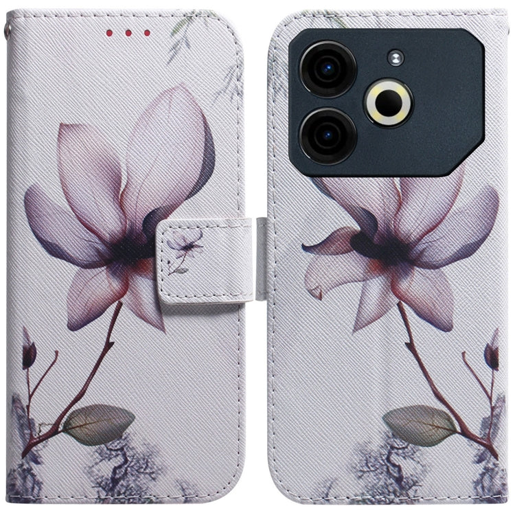 White flip leather phone case with pink magnolia flower art and card slot