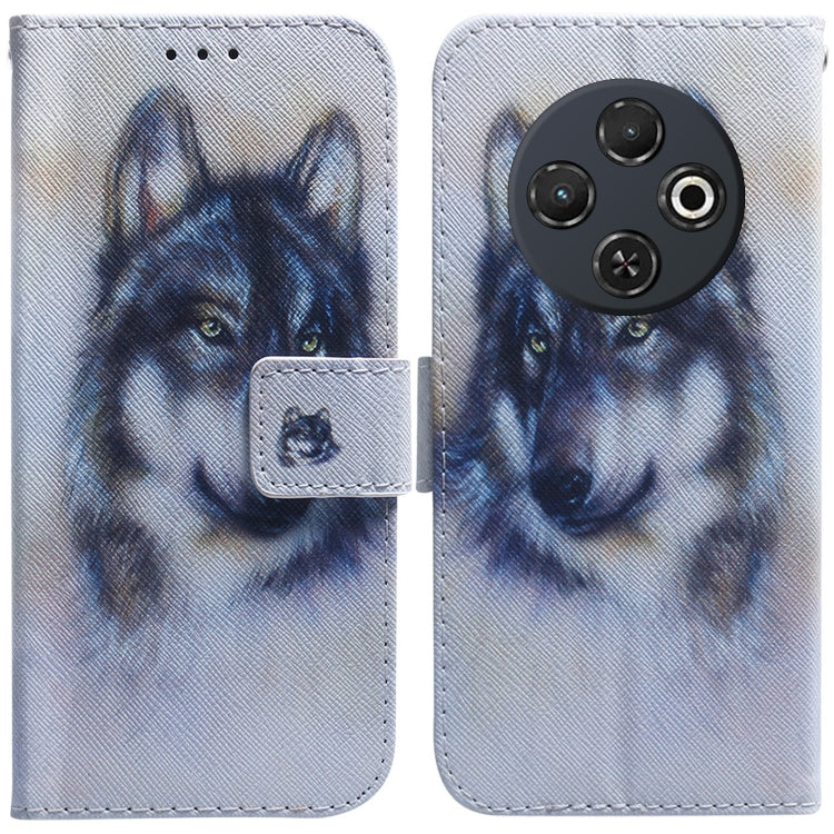 Flip leather phone case with light blue wolf face artwork, front flap and camera cutouts
