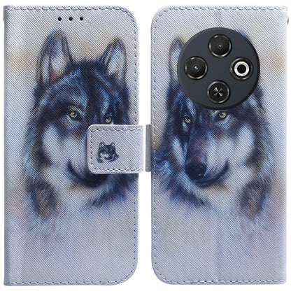 Flip leather phone case with light blue wolf face artwork, front flap and camera cutouts
