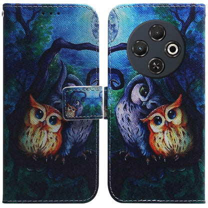 Flip leather phone case with owl artwork in blue and dark tones, front flap and camera cutouts