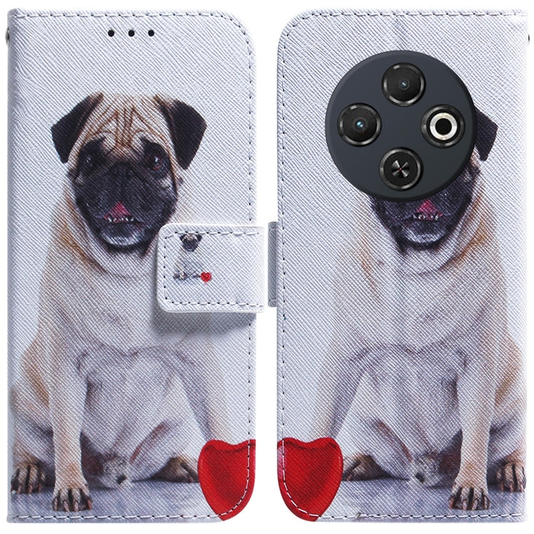 Flip leather phone case, white with printed dog portrait and red accents, camera cutout.