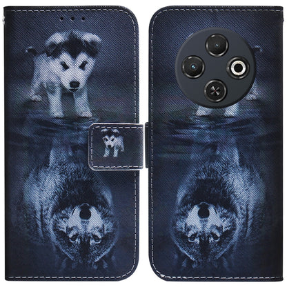 Flip leather phone case, dark blue with printed dog portrait, flip cover and camera cutout.
