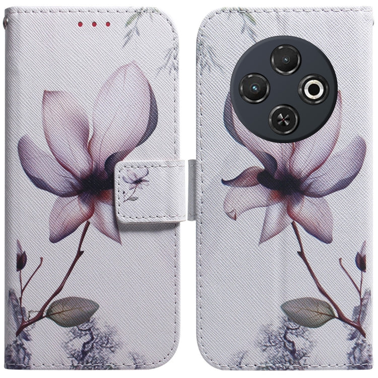 Flip leather phone case, white with printed purple magnolia flowers, flip cover and camera cutout.