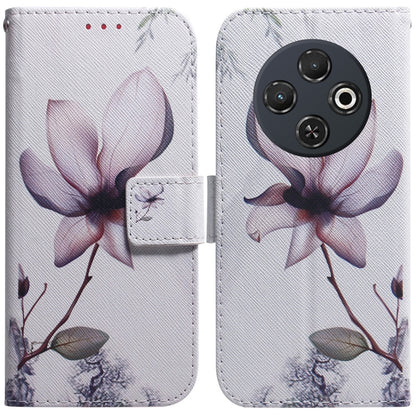 Flip leather phone case, white with printed purple magnolia flowers, flip cover and camera cutout.
