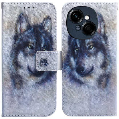 Flip leather phone case, light blue-white with printed wolf face, flip cover and camera cutout.