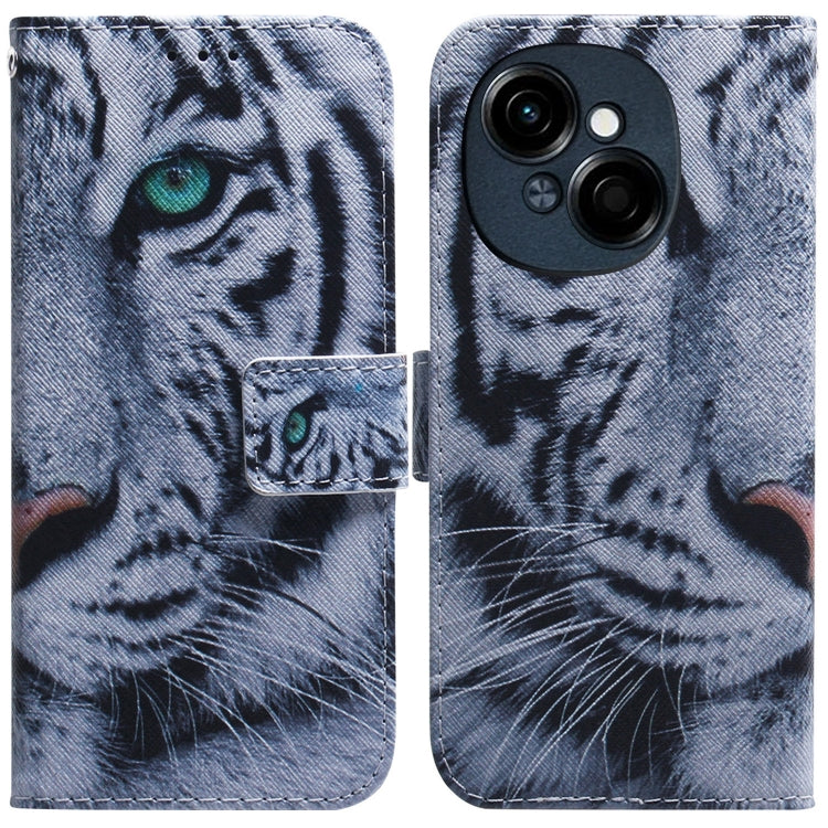 Flip leather phone case, light gray with tiger face graphic, foldover cover and camera cutout.