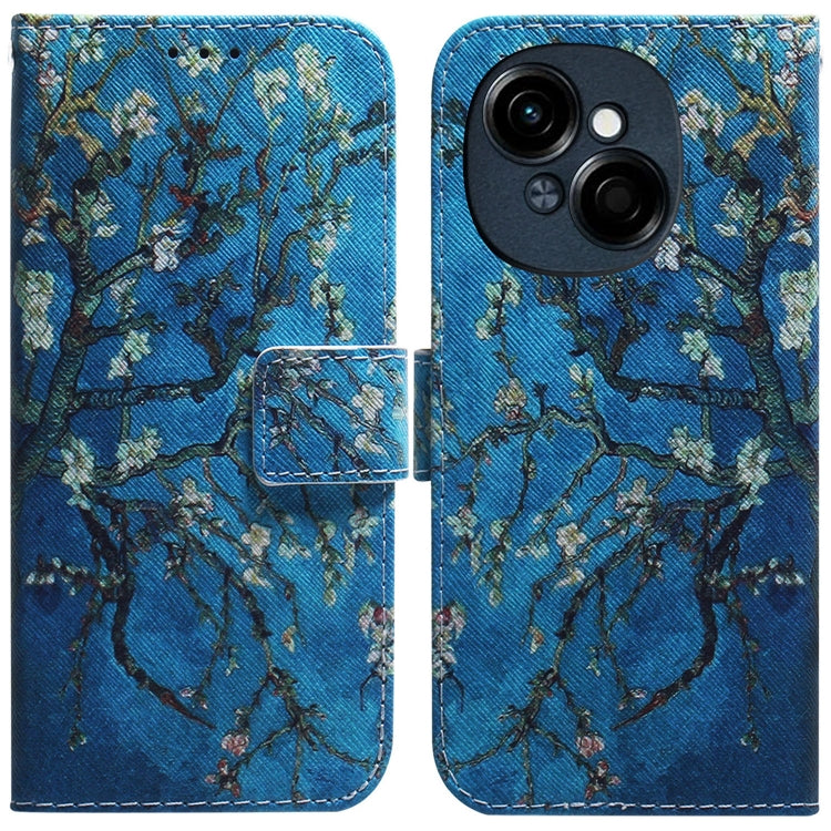 Flip leather phone case, blue with floral branch print, fold cover and camera cutout.