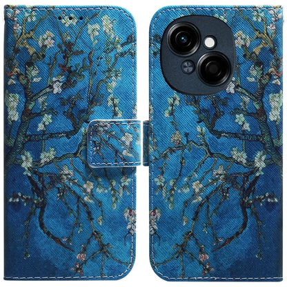 Flip leather phone case, blue with floral branch print, fold cover and camera cutout.