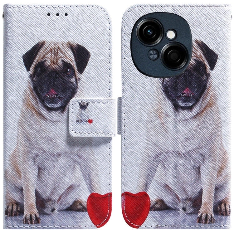 White flip leather phone case with pug dog illustration and cardholder window
