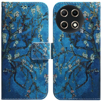 Blue flip leather phone case with green branch and leaves pattern and camera cutout