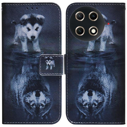 Flip leather phone case with dark blue wolf-and-dog artwork, front flap and camera cutouts