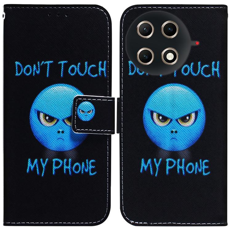 Flip leather phone case with black blue alien face artwork, front flap and camera cutouts