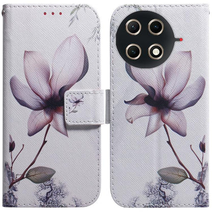 Flip leather phone case with white floral magnolia artwork, front flap and camera cutouts