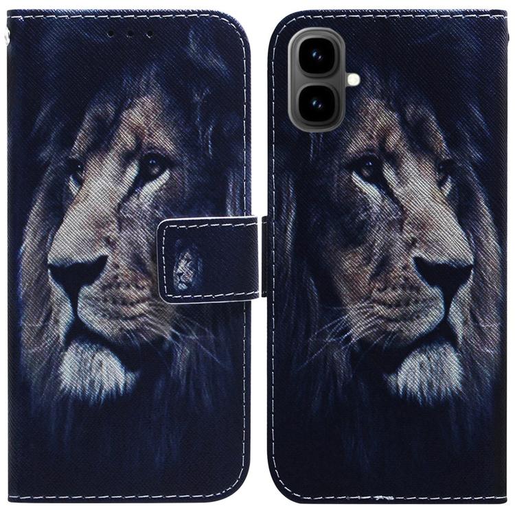 Dark blue leather flip phone case with illustrated wolf face and stitched flap