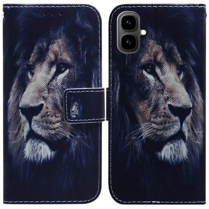 Dark blue leather flip phone case with illustrated wolf face and stitched flap