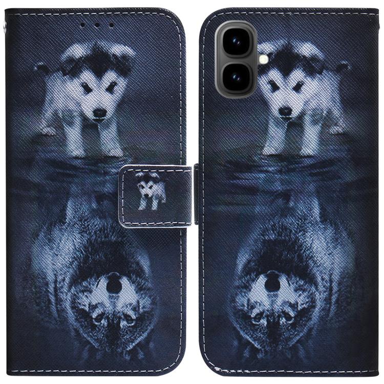Dark blue leather flip phone case with illustrated tiger face and decorative bottom pattern