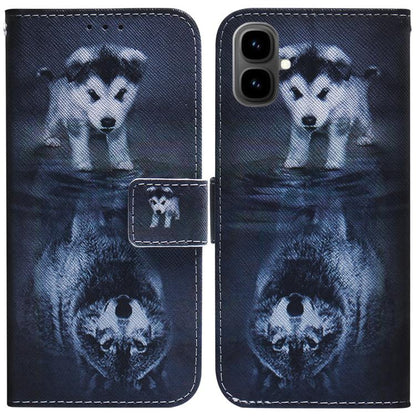 Dark blue leather flip phone case with illustrated tiger face and decorative bottom pattern