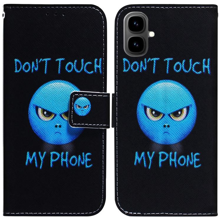 Black leather flip phone case with blue alien eye illustration and warning text