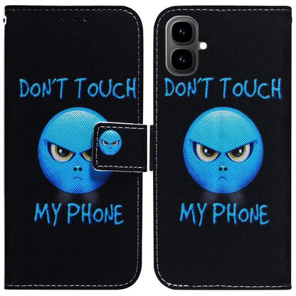 Black leather flip phone case with blue alien eye illustration and warning text