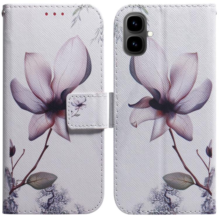 White leather flip phone case with pink magnolia flower print and stitched pocket