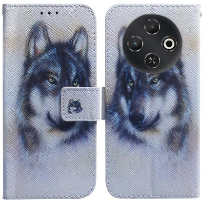 Light blue leather flip phone case with dog illustration and fold-over stand