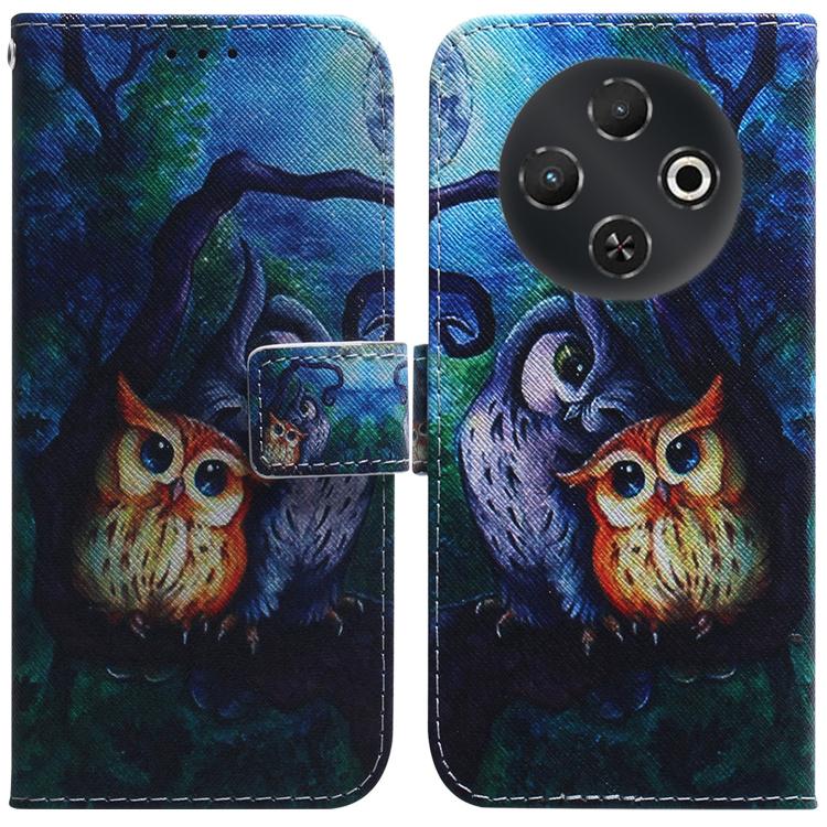 Blue leather flip phone case with owl illustration and starry night background print