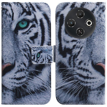 Gray leather flip phone case with close-up tiger face illustration and flip cover