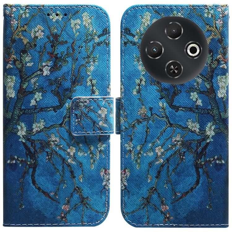 Blue leather flip phone case with leafy branch print and inner card holder