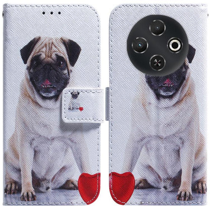 White flip leather phone case with black dog print and camera cutout
